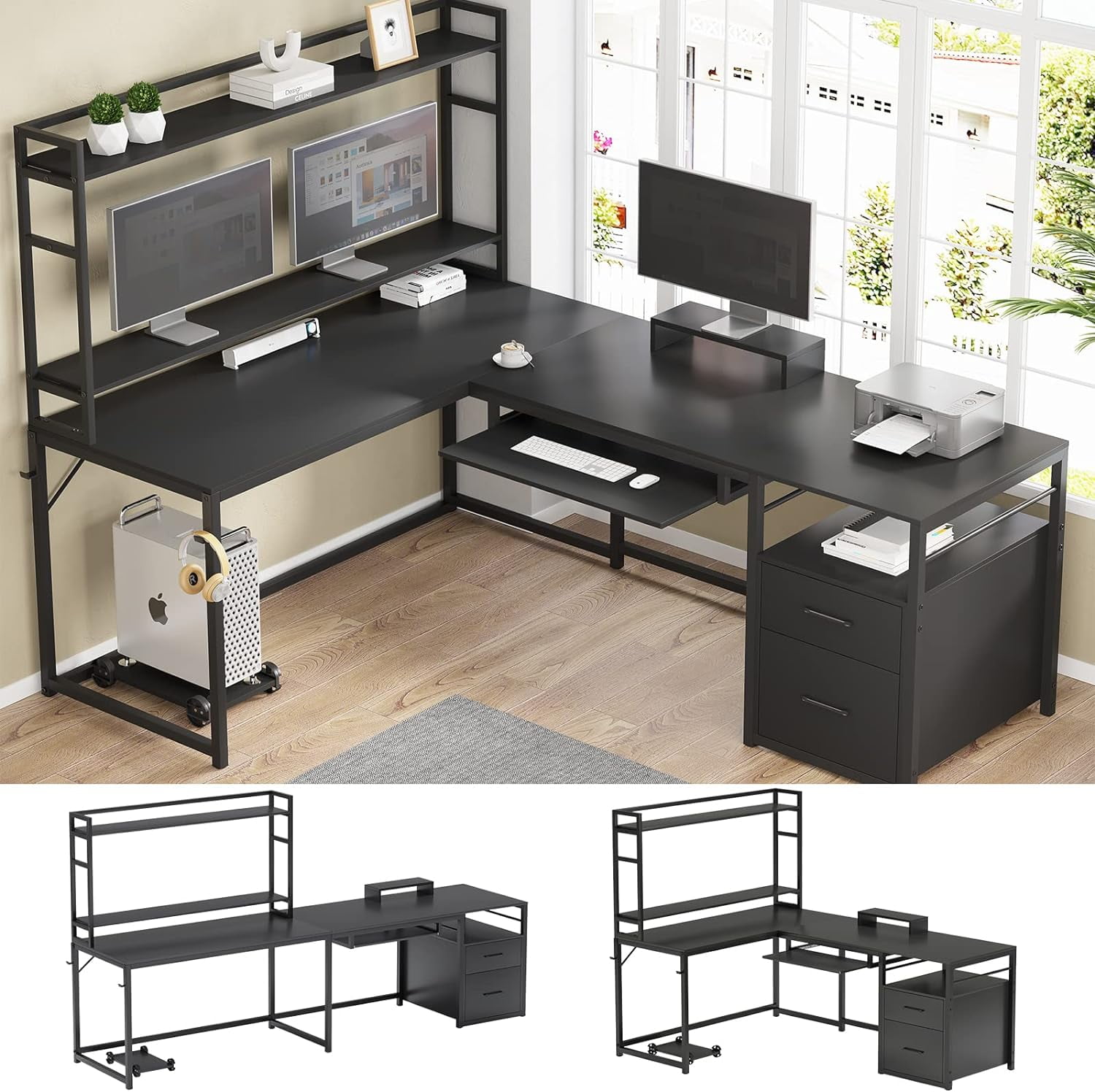 Cheap 94.4 Inches Two Person Desk, L Shaped Desk  with File Drawers and Hutch, Corner Computer Desk for Home Office, Black