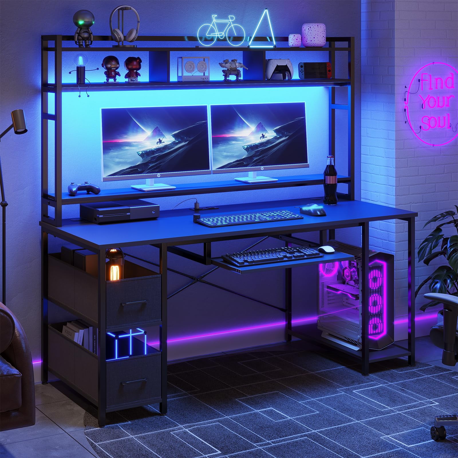 Cheap Black Computer Gaming Desk with Bookshelf&LED Lights&Power Outlet,55 inches Home Office PC Table Workstation for Study Room with 2 Drawers&Storage Shelves