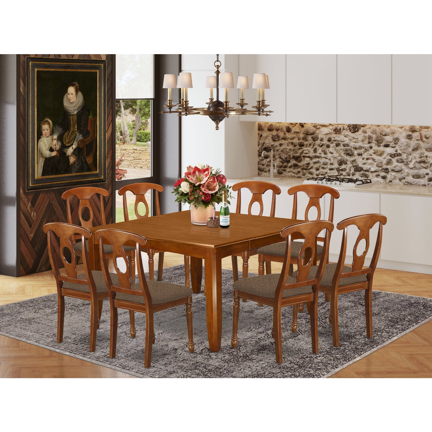 Cheap Dining Room Set-Table With Leaf And Dinette Chairs-Finish:Saddle Brown,Number of Items:9,Shape:Square,Style:Microfiber Seat