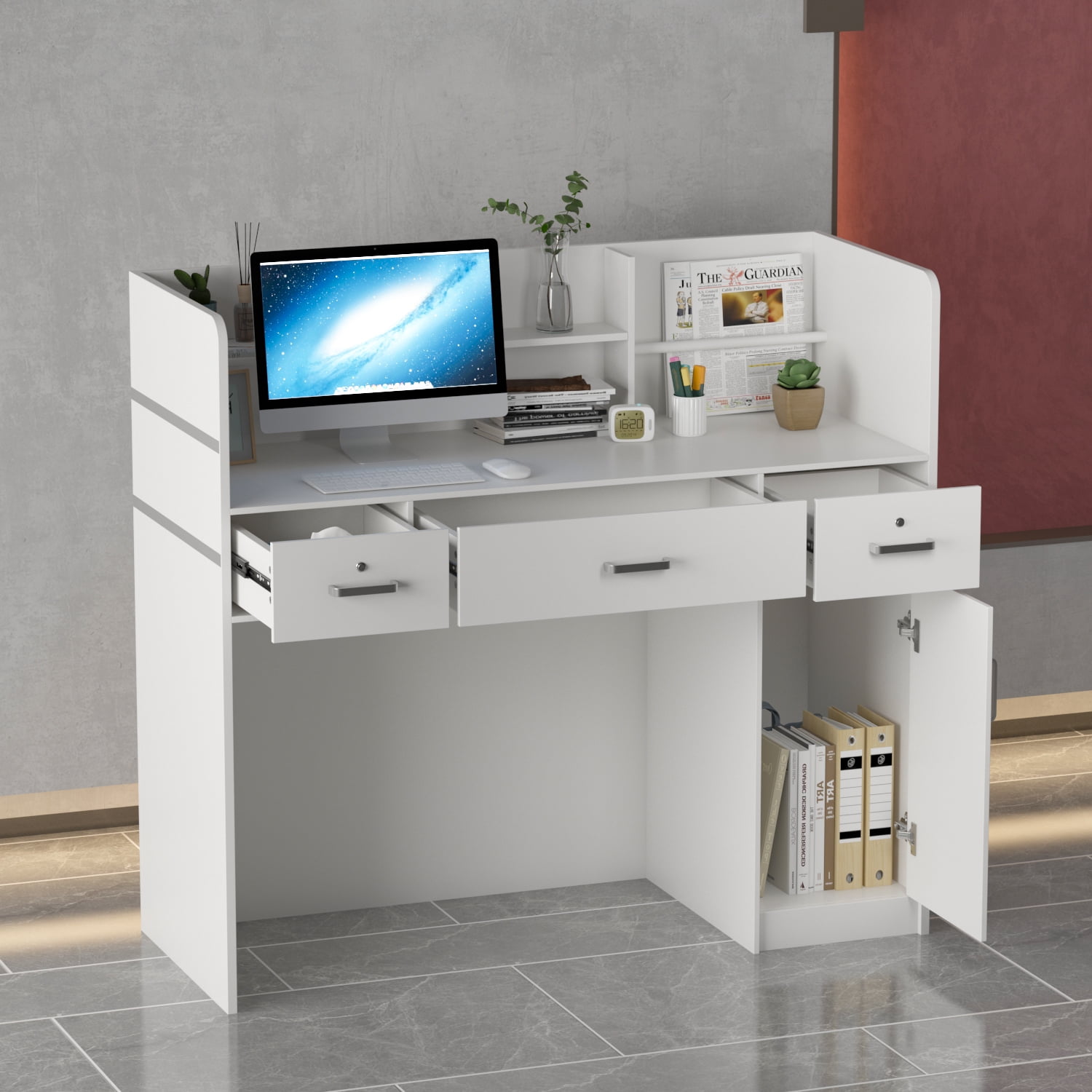 Cheap Reception Desk with Drawers and Hutch, White Office Restaurant Beauty Salon Shop Furniture